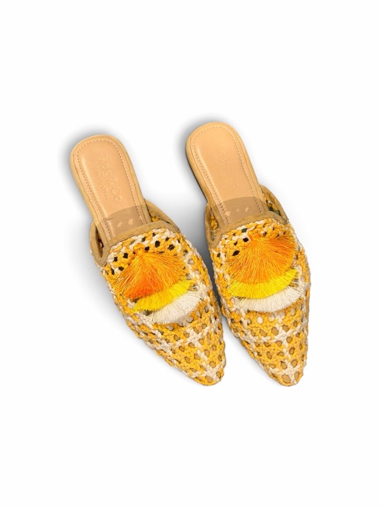 Rag & Co Shoes - Rag & Co Yellow handmade Crochet Pointed-Toe Tassel Mules size 7